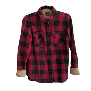 ROOTS Red Black Checked Plaid Flannel Button Front Shirt Elbow Patches S
